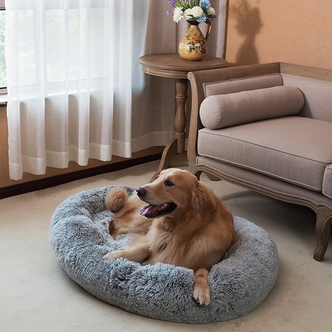 Coohom Oval Calming Donut Cuddler Dog Bed Bed(30"/36"/43") for (XL(36"x27"x7"), Grey)