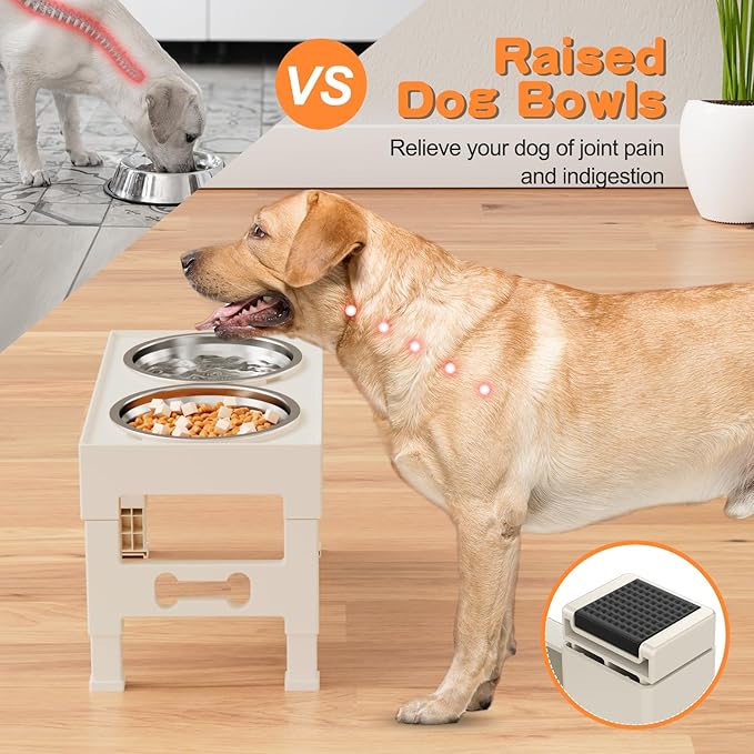 Elevated Dog Bowls 5 Height Adjustable Non-Slip Stand Adjusts to 3.1" 9", 10", 11", & 12" with 2 Stainless