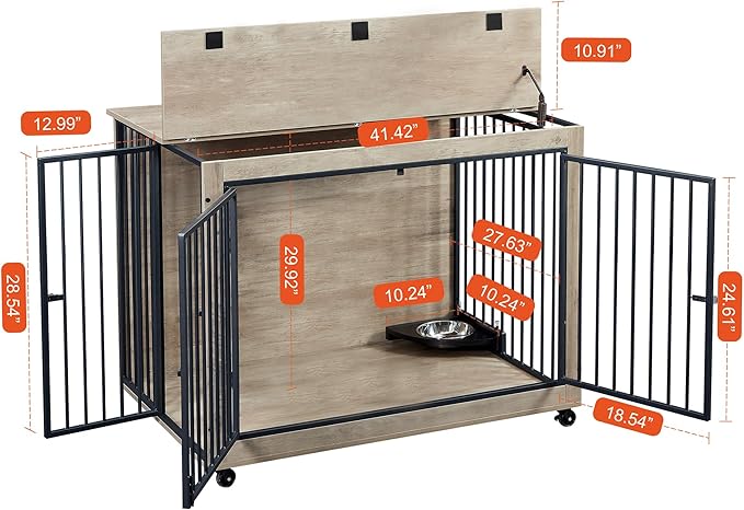 Okak Dog Crate Furniture Side Table Wooden Dog Crate With Rotatable Feeding Bowl on Casters Heavy-Duty Dog Kennel Indoor for Medium/Large Dog Opening,Grey,43.7"W