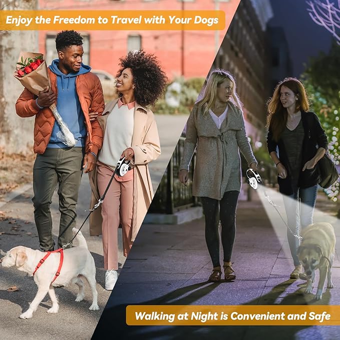 Retractable Dog Leash 16ft 360° Tangle-Free, 6-in-1 with 2 Poop 110lbs. (White, 16ft)