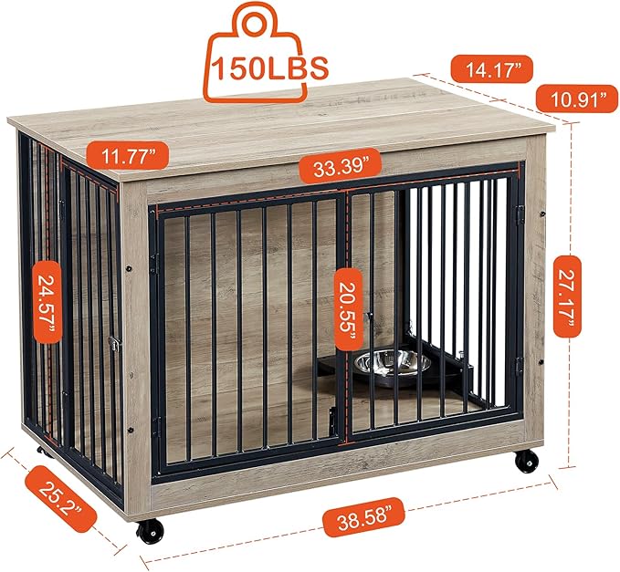 NicBex Dog Crate Furniture Dog Cage with Rotatable Feeding Bowl and 3 Doors