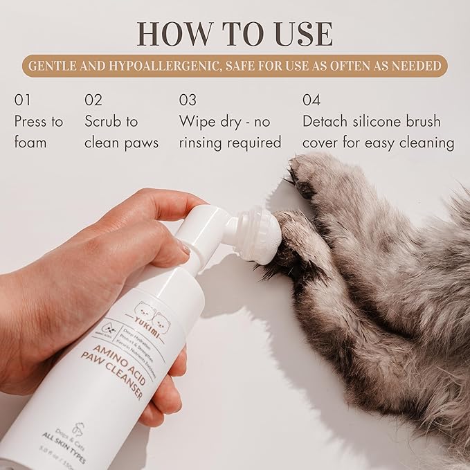 YUKIMI Premium Amino Acid Paw Cleanser with Silicone Bristle Brush for Dogs & Cats 5.0 Fl