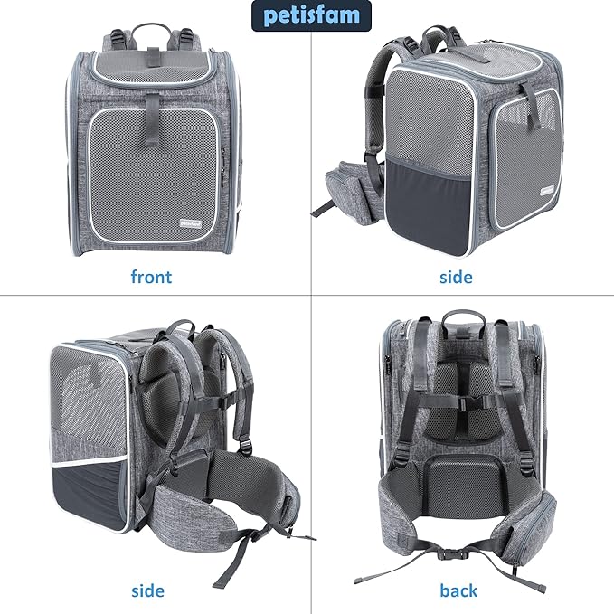 petisfam Ergonomic Design Pet Backpack Carrier for Medium Cats and Small Dogs. Better stability and Less Turbulence 4 Pockets,