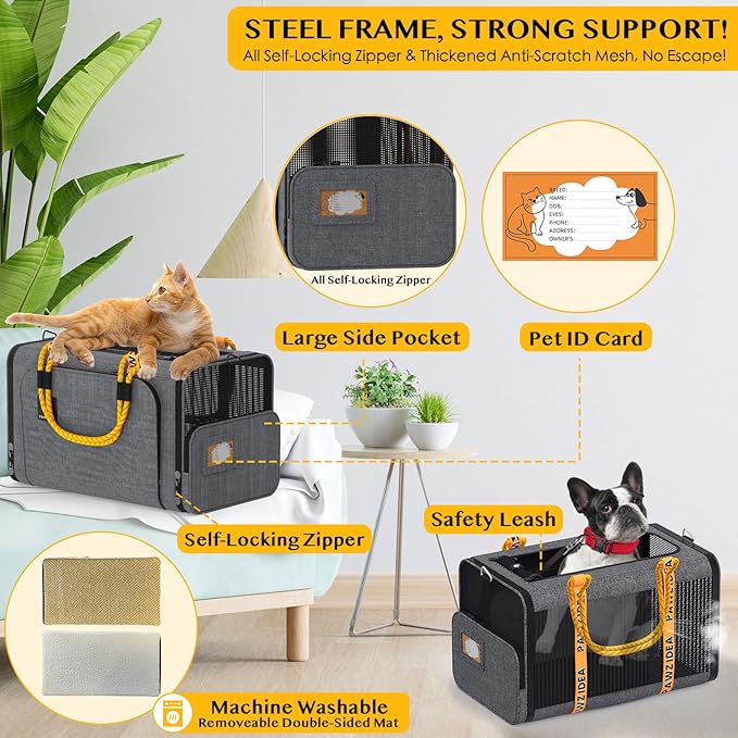 PAWZIDEA Expandable Pet Carrier w/ID Card 18X11X11 TSA 2 Cats