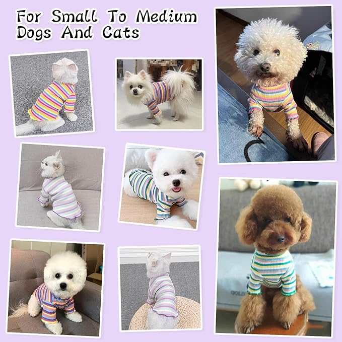 Small Medium Dog Clothes Rainbow Striped Dog Shirts Stretchable Long Sleeve Cat T-Shirt Pet Outfits for Chihuahua Yorkie Teddy (Purple Edge, Small)