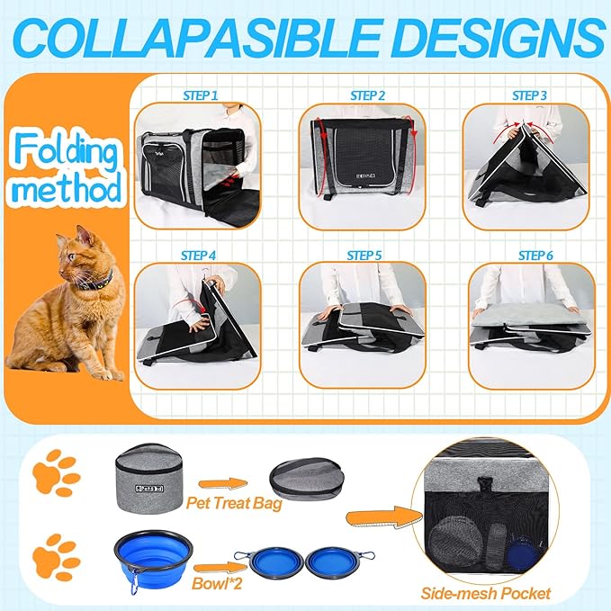 Petskd Pet Carrier 24"x17"x17" for Large Cats Dogs 2 Cats 1 Box 2 Bowls,