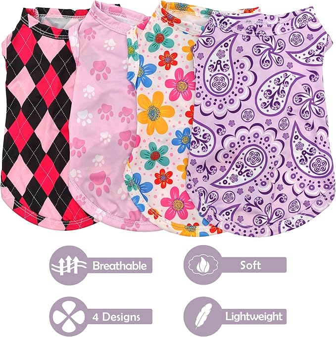 PET SHOW 4 Pack Cooling Dog Shirts Puppy Summer Clothes Paisley Vest Paw Printed Sleeveless Cats Doggies Floral T-Shirts Plaid Tank Top Tee for Small Medium Dogs (XL, Pink for Girls)