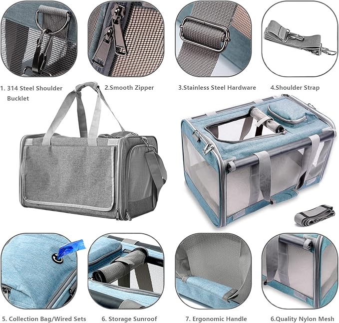 HSC PET Cat Carrier Blue Small Dog Bag Traveling,5 Ventilated Curtains,18lb Puppy 20lb Cat/Kittens