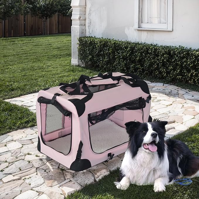 PET Foldable Dog Crate Folding Soft Dog Crate with Carrying Bag Dog Home & Dog Travel Crate Indoor & Outdoor Pet Home (Pink M-24 L 16.5" W 16.5" H)