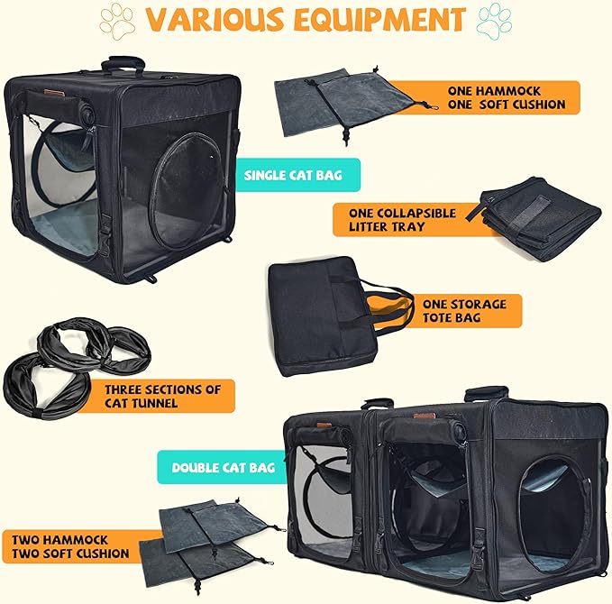 Cat Travel Carrier with Litter Box 2-in-1 Portable 2 Cats