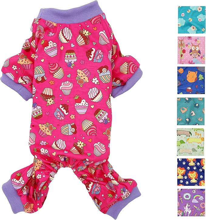 Dog Pajamas Soft COTTON Blend Jumpsuit Cute Pet Clothes for Small Medium Pet (Hot Pink Cupcakes 12", Chest 14" - 17")