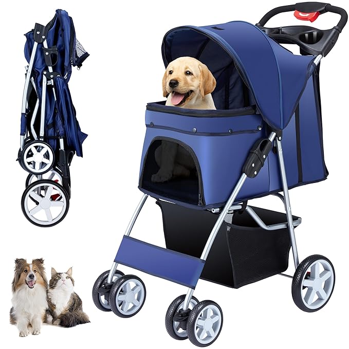 4 Wheels Pet Stroller for Small Medium Dogs Cats 33 lbs