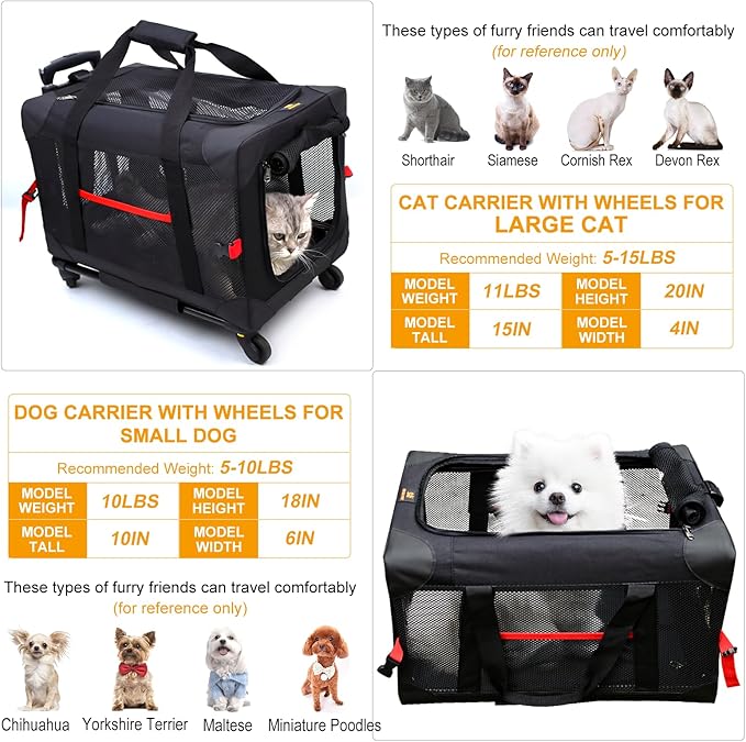 Cat Carrier for Large Cats 20 to 25 Pounds with Wheels 20 lbs 25lbs,Collapsible Hard