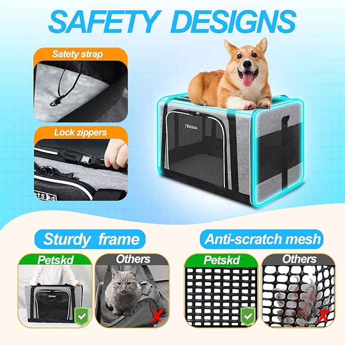 Petskd Pet Carrier 24"x17"x17" for Large Cats Dogs 2 Cats 1 Box 2 Bowls,