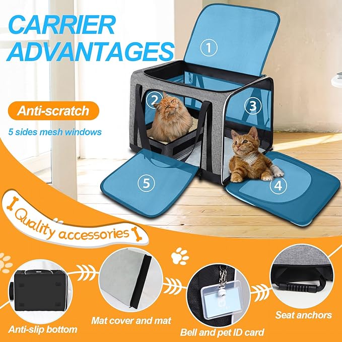 Petskd Large Pet Carrier with Wheels 24"x17"x17" for Large Cats 2 Cats