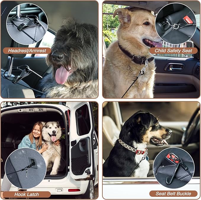 Car Harness for Dogs Safety Seat Belt Heavy Duty Service Dog Leash 24 in Chew Proof Dog Leash Steel Service Dog Car Harness 3-in-1 Dog Seat belt Harness with Hook for Dogs Travel Accessories
