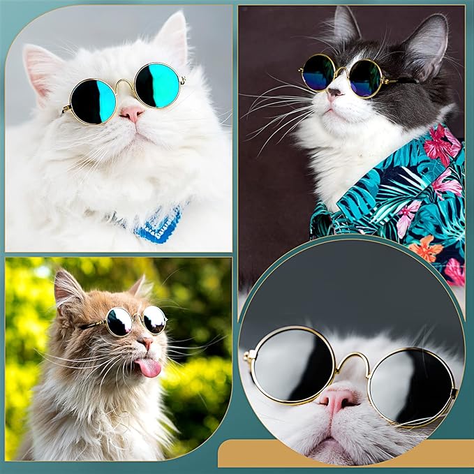 Dog Sunglasses Retro Pet Glasses Doll Glasses Classic Round Dog Glasses Metal Cat Puppy Eye Wear Hippie Costumes for Cats and Dogs
