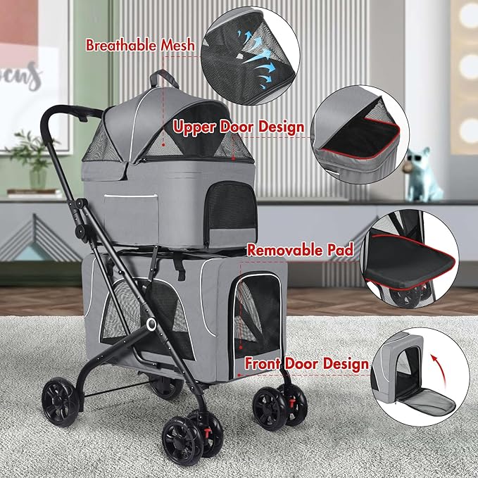 Double Pet Stroller with 2 Detachable Carrier Bags