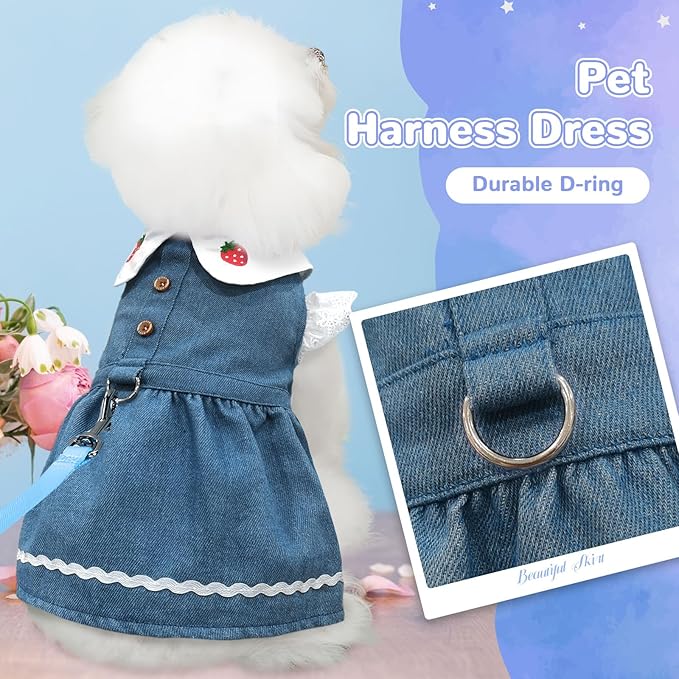 Denim Dog Dress for Small Dogs Cats Cute Girl Dog Clothes Cute Strawberry Female Pet Dresses Spring Summer Pet Outfits for Chihuahua Yorkie Shih Tzu(Dark Blue,X-Large)