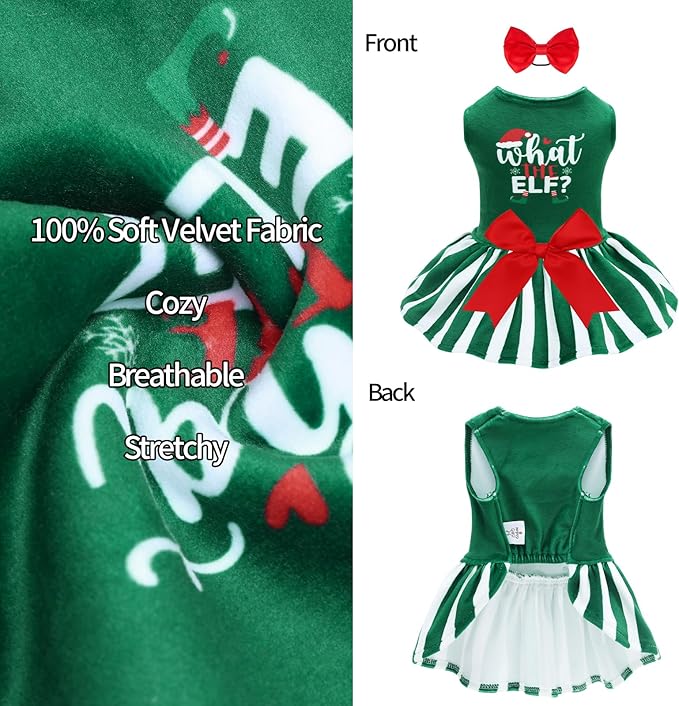CuteBone What The Elf Dog Dresses Velvet Holiday Small Dogs Clothes Onesie Pet Apparel Girl Puppy Skirt with Bow Hair Rope CVA53S-D
