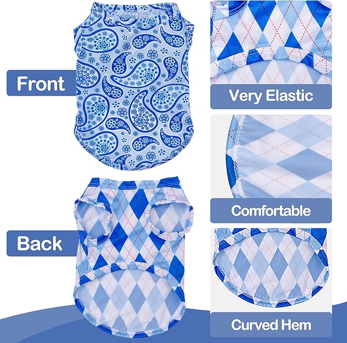 PET SHOW 4 Pack Cooling Dog Shirts Puppy Summer Clothes Paisley Vest Paw Printed Sleeveless Cats Doggies Tie Dye T-Shirts Plaid Tank Top Tee for Small Medium Dogs (S, Blue for Boys)