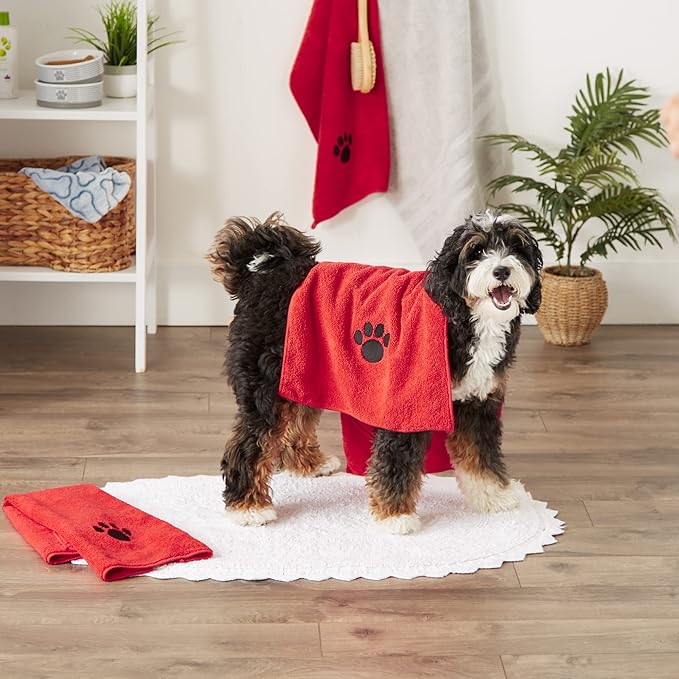 Bone Dry Pet Grooming Towel Collection Embroidered Absorbent Microfiber Drying Set 15x30, Red, 3 Count