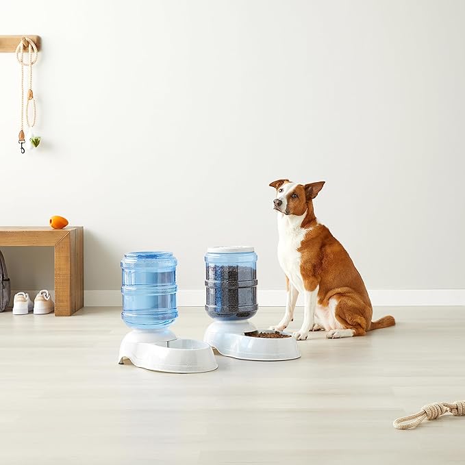Amazon Basics Automatic Dog Cat Water Dispenser Gravity Feeder and Waterer Set 12-Pound Food 2.5-Gallon, Gray