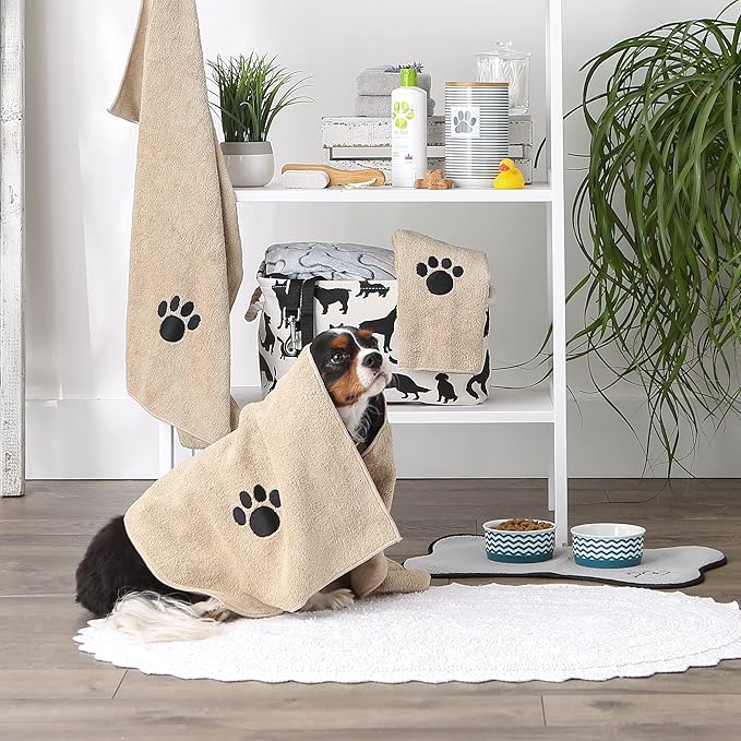 Bone Dry Pet Grooming Towel Collection Absorbent Microfiber Drying Set 15x30", Embroidered 3 Count