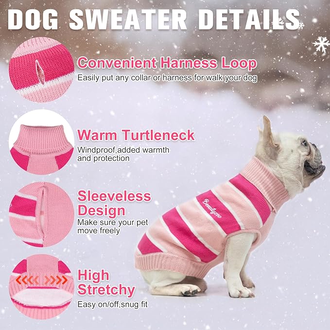 BEAUTYZOO Small Dog Sweater- Striped Pet Sweaters for Fall Winter Dog Clothing, Turtleneck Pullover Knitwear for Small Medium Large Dogs, Warm Coat Outfits for Chihuahua Puppy Cat Boys Girls