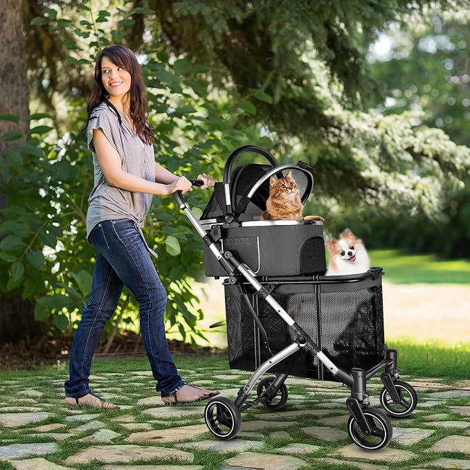 Double Pet Stroller for 2 Dogs or Cats 52LBS Gray