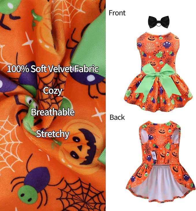 CuteBone Halloween Dog Dresses Velvet Holiday Small Dogs Clothes Onesie Pet Apparel Girl Puppy Skirt with Bow Hair Rope CVA47L