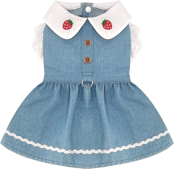 Denim Dog Dress for Small Dogs Cats Cute Girl Dog Clothes Cute Strawberry Female Pet Dresses Spring Summer Pet Outfits for Chihuahua Yorkie Shih Tzu(Light Blue,X-Large)