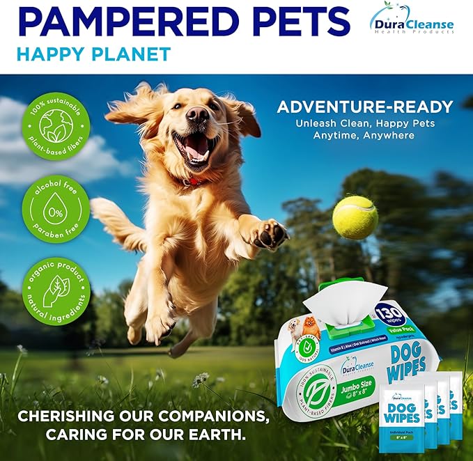 Dog Wipes for Paws and Butt 130 Count 4 Travel 8" x 8" Large
