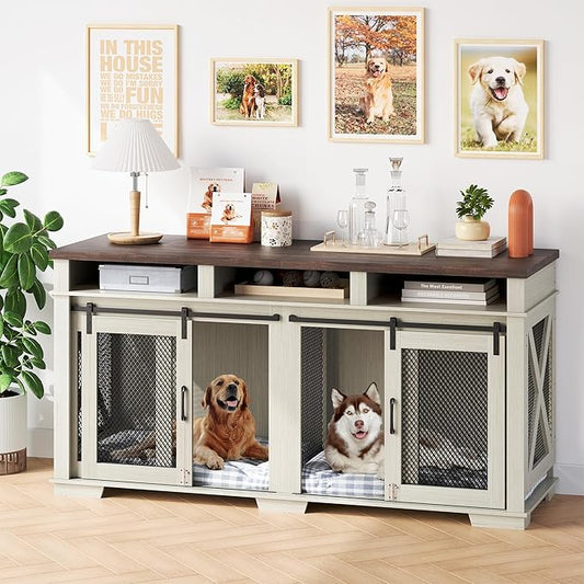 71" Extra Large Dog Crate Furniture 2 Dogs Dogs,3 Storage,White/Dark
