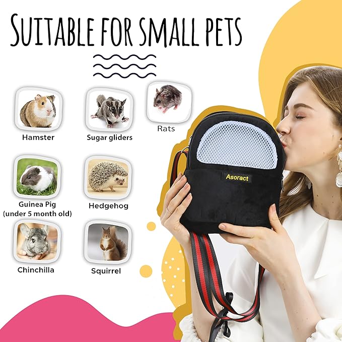Hamster Carrier Bag, Upgraded Small Animal Bonding Soft Hedgehog Pouch Portable Outgoing Travel Bag with Adjustable Strap and Breathable Mesh for Squirrel Mice Sugar Glider Etc (Black, L)