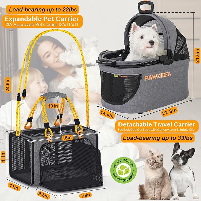 PAWZIDEA Double Pet Stroller for 2 Cats Dogs Small & Medium 2 Dog