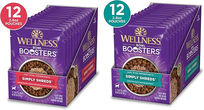 Wellness CORE Simply Shreds Natural Grain Free Wet Dog Food Mixer, Wild Salmon & Pumpkin, 2.8 oz. Pouch (12 Nos) + Natural Grain Free Wet Dog Food Mixer, Tuna, Beef & Carrots, 2.8 oz. Pouch (12 Nos)