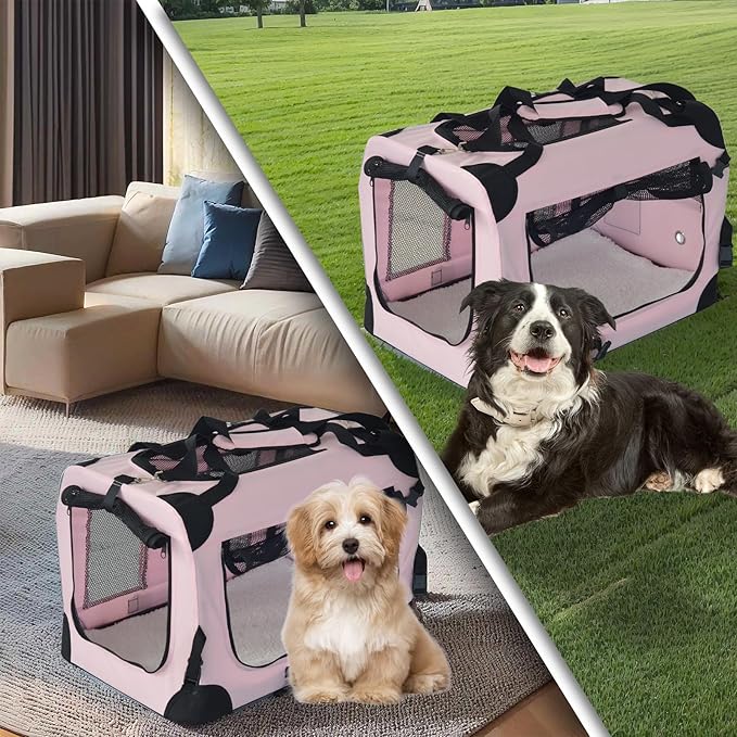 PET Foldable Dog Crate Folding Soft Dog Crate with Carrying Bag Dog Home & Dog Travel Crate Indoor & Outdoor Pet Home (Pink M-24 L 16.5" W 16.5" H)