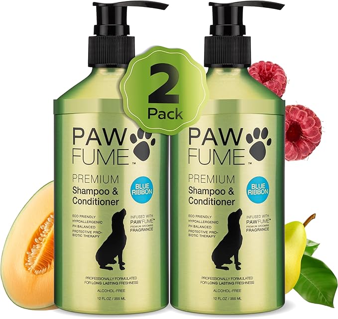 Pawfume Dog Shampoo and Conditioner – Hypoallergenic Dog Shampoo for Smelly Dogs – Best Dog Shampoos & Conditioners – Probiotic Shampoo for Dogs – Best Dog Shampoo for Puppies (Blue Ribbon 2-Pack)