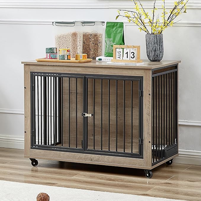 NicBex Dog Crate Furniture Dog Cage with Rotatable Feeding Bowl and 3 Doors