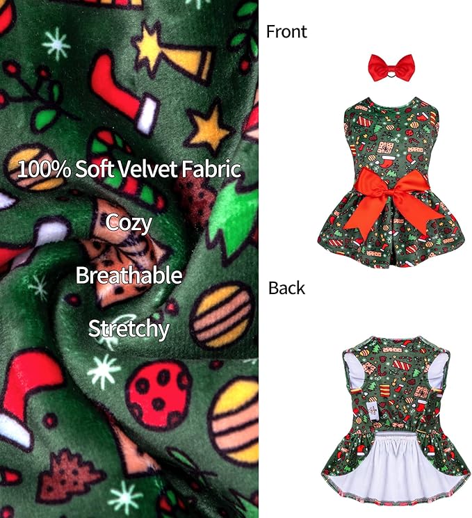 CuteBone Dog Dresses Velvet Holiday Small Dogs Clothes Onesie Pet Apparel Girl Puppy Skirt with Bow Hair Rope CVA33XS
