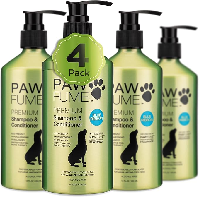 Pawfume Dog Shampoo and Conditioner – Hypoallergenic Dog Shampoo for Smelly Dogs – Best Dog Shampoos & Conditioners – Probiotic Shampoo for Dogs – Best Dog Shampoo for Puppies (Blue Ribbon 4-Pack)