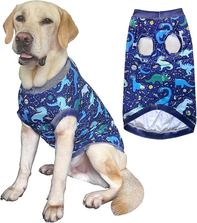 Dog Navy Sleeveless T Shirts with Universe Dinosaur Pattern Printed Soft Vest for Large Dogs (L, Vest)