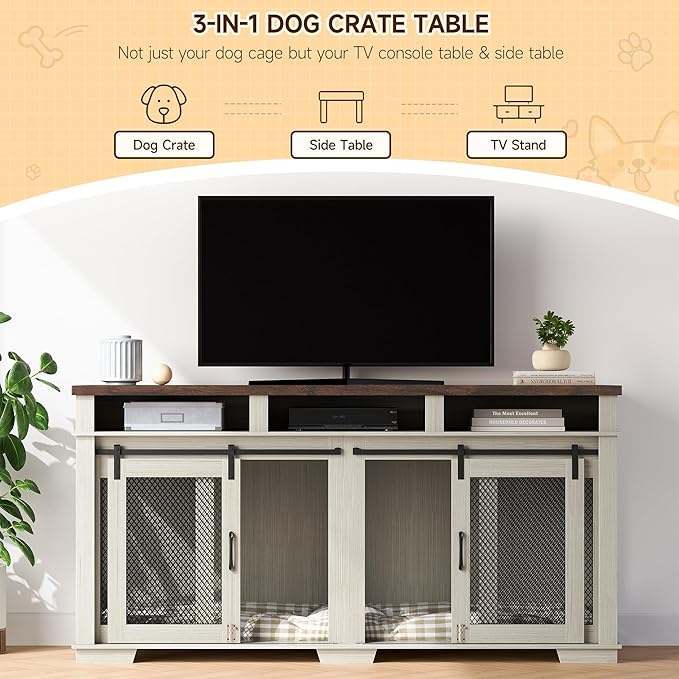 71" Extra Large Dog Crate Furniture 2 Dogs Dogs,3 Storage,White/Dark