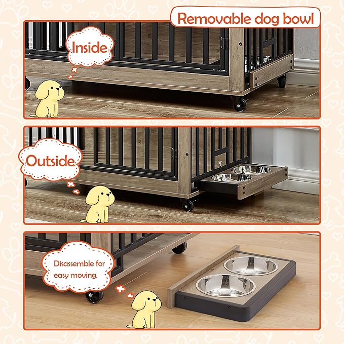 NicBex Dog Crate Furniture Dog Cage with 3 Doors and 2 Feeding Bowls