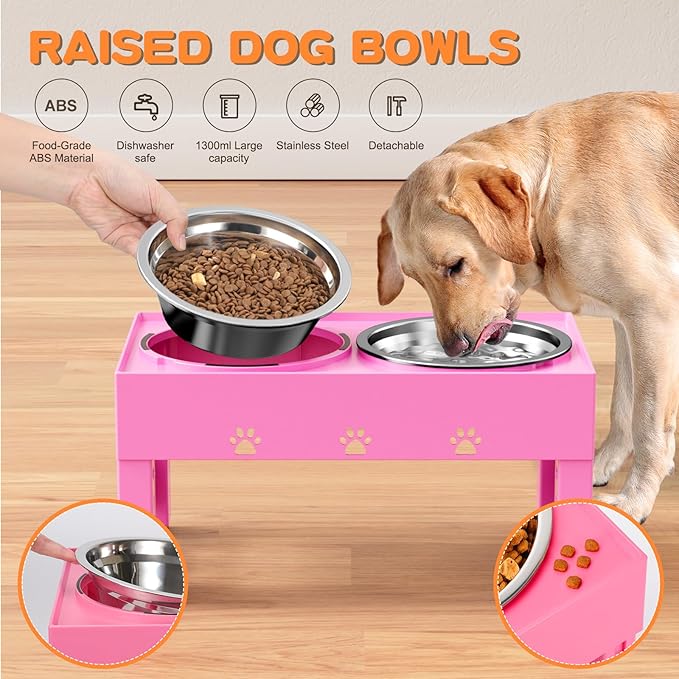 Elevated Dog Bowls 5 Height Adjustable Non-Slip Stand Adjusts to 3.1" 9", 10", 11", & 12" with 2 Stainless