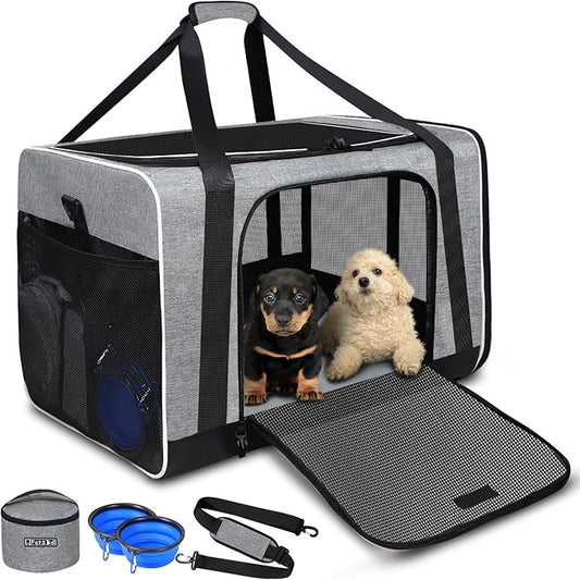 Petskd Pet Carrier 24"x17"x17" for Large Cats Dogs 2 Cats 1 Box 2 Bowls,