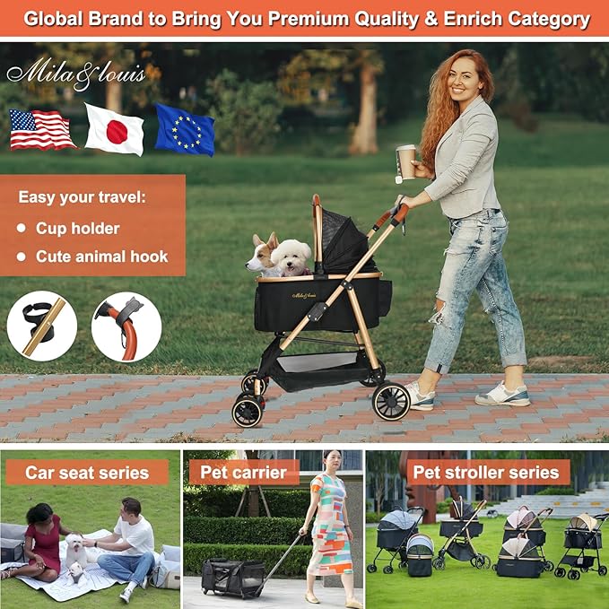 MILA&LOUIS 3 in 1 Folding Pet Stroller 4 Wheels 30lbs, Dog/Cat