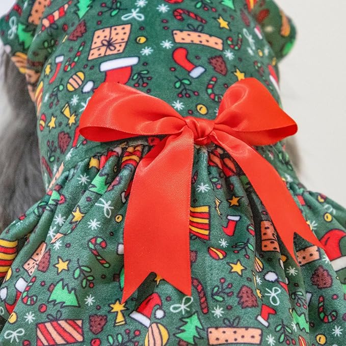 CuteBone Dog Dresses Velvet Holiday Small Dogs Clothes Onesie Pet Apparel Girl Puppy Skirt with Bow Hair Rope CVA33XS
