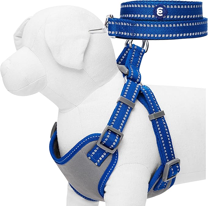 Blueberry Pet Essentials Pastel Color Reflective Matching Dog Harness Vest and Leash Set in Navy 4 ft
